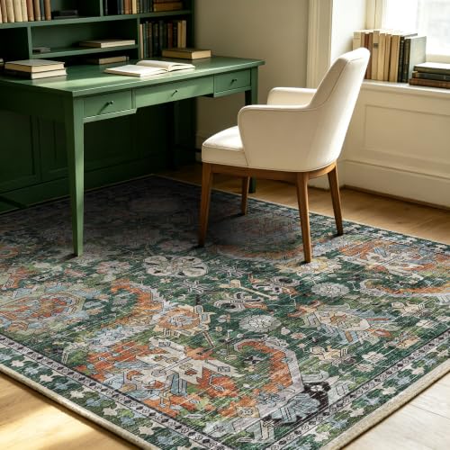 Image of RUGSURE Washable Area Rugs - Perfect for Living Room, Bedroom, Kids Room, Nursery - Stain & Water Resistant Non-Slip, Pet & Child Friendly, Vintage Tribal Area Rugs (Green, 5' x 7')