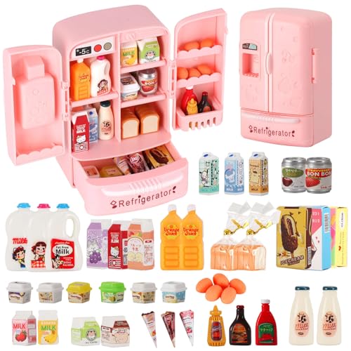 Mini Refrigerator Toy Fill The Fridge with Ice Cream Juice & 40+ Mini Food Toys for Dollhouse Accessories & Kitchen Playset. Realistic Refrigerator Play Gift for Kids.