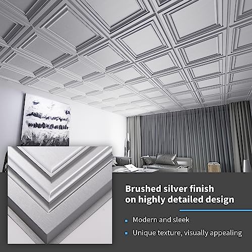 Image of Art3d PVC Ceiling Tiles, 2'x2' Plastic Sheet in Argent Silver (12-Pack)