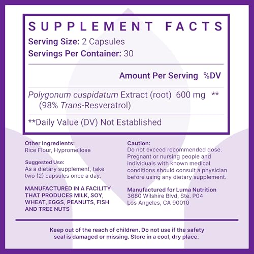 luma nutrition high purity resveratrol supplement - 98 trans-resveratrol - antioxidant - resveratrol capsules - vegan amp gluten-free 