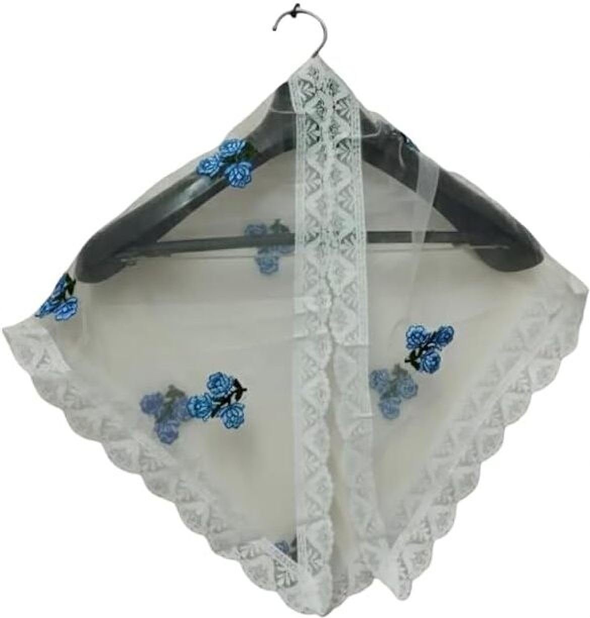 Women's White Floral Embroidered Net Head Scarf | Blue Flower Lace Church Scarf | Transparent Prayer Head Covering with Lace Border-image-16