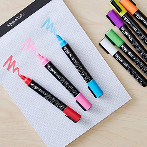 Image of Amazon Basics Bullet /Chisel Reversible Tip Liquid Chalk Markers, Erasable, Washable, Water-Based, Bold Point, 8-Pack, Bright Colors