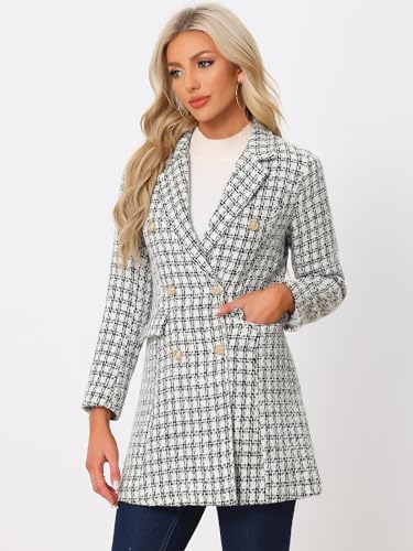 Allegra K Women's Tweed Blazers Elegant Double Breasted Long Jacket Outerwear Plaid Coat2