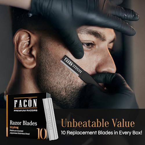 Image of Facon Beard Razor for Men - Professional Beard Shaping Tool Grooming Kit with 11 Replacement Blades, Mustache Shaper, Edger & Lineup, Premium Precision Straight Edge Razor 100% Stainless Steel Blade