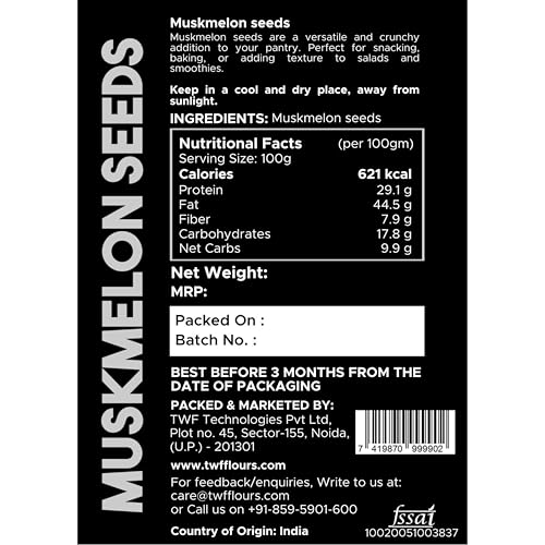 Image of TWF Virgin Muskmelon Seeds | 1 Kg | AAA Grade Seeds for Eating | 100% Natural | Kharbooja Magaj | Peeled | Gluten Free | Perfect for Snacking & Cooking | Resealable Pack | Diet Snack | Unroasted | Unsalted | Highest Natural Potency