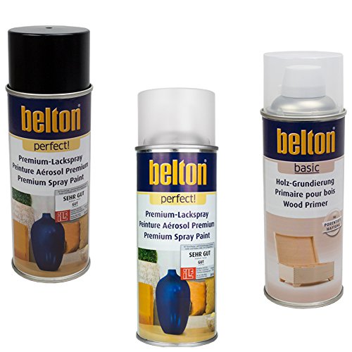 KWASNY_bundle Set Belton Perfect LACKSPRAY SCHWARZ + Holz-GRUNDIERUNG + KLARLACK MATT 400 ML
