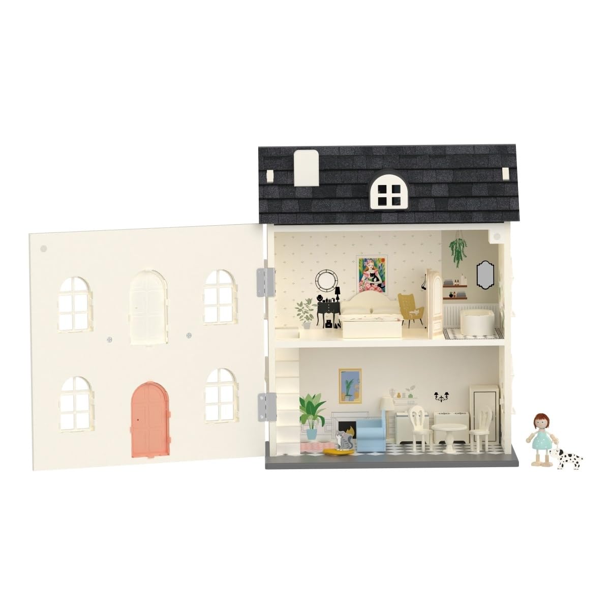 Classic World Puppenhaus aus Holz, 3-stöckig im Vintage-Stil mit Möbeln, Biegepuppe & Hund, abnehmbares Dach & Türen, Rollenspiel für Kinder ab 3 Jahren