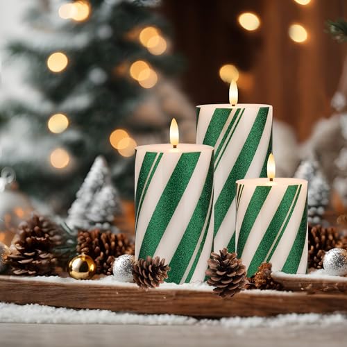 Image of Candy Cane Stripe Flameless Candles with Remote, Green Battery Operated Pillar Candles Real Wax, Flat Top Flickering Christmas LED Candle Decorations for Xmas, Home, Party Decor, Set of 3