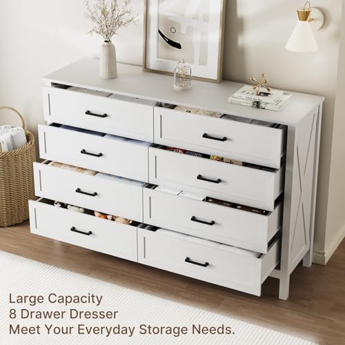 Image of LYNSOM Farmhouse 8 Drawer Dresser for Bedroom, 55 Inch Wide Wood Rustic Chest of Drawers with X-Marking & Bar Handle, Large Storage Dressers Organizer for Bedroom, Living Room, White