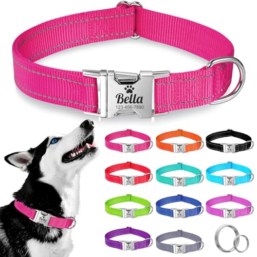 Collare per Cane Personalizzato di Piccola Media e Grande Taglia - Riflettente Collare Cani con Nome e Telefono Numero, Collari per Gatto con Sgancio Rapido e Fibbia in Metallo