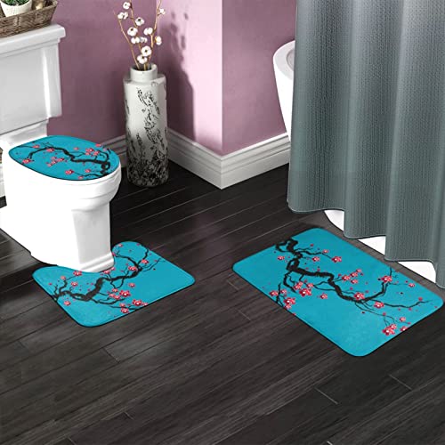 DIRYKILP Badematte + Konturmatte + Toilettendeckelbezug, Kirschblüten 3 Stück Badematte Set, mit rutschfester Klebeunterseite – Bild 3