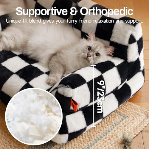 MEWOOFUN groß Katzenbett kleines Hundesofa Flauschig und waschbar Katzensofa Hundebett für Katzen, weich Katzenbett katzencouch mit Rutschfester Unterseite, Schachbrett 66x48cm