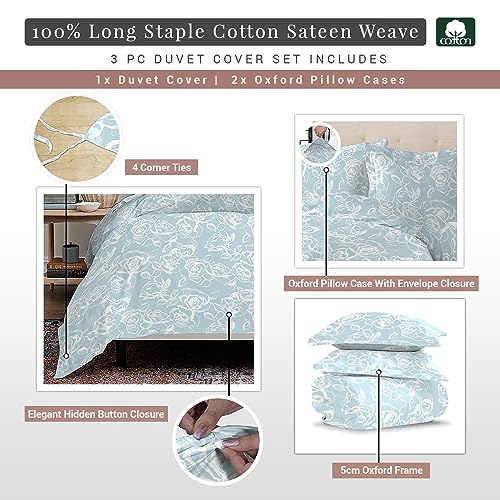 Pizuna Cotton Simply Floral Blue Print Emperor Duvet Cover Set 285x240 400 Thread Count Long Staple Cotton Emperor Quilt Cover Sateen Cooling Duvet Cover with Button Closure (Printed Duvet Cover) - Image 3