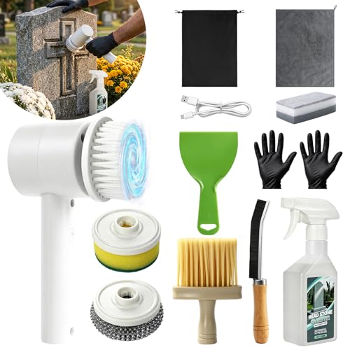 Image of FUHSY 12-in-1 Electric Headstone Cleaning Kit, Multipurpose Gravestone Cleaner Set for Granite Stone Tombstones Includes Electric Brush,Crevice Brushes,Scraper,Sponge,Gloves, Cleaning Solution