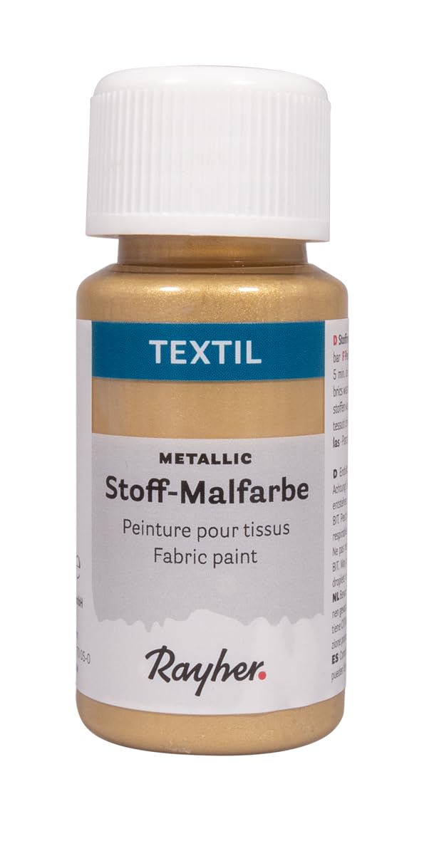 Rayher Textile Fabric Paint Metallic, Gold, Bottle 50 ml, Luminous Acrylic Paint with Metallic Pigments, Especially for Light Textiles, High Coverage, Washable After Thermal Fixation, 35063616