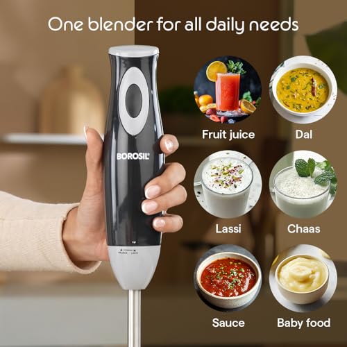 Image of Borosil Smartblend Hand Blender with 800ml Beaker | 300W Silent DC Motor, Detachable & Washable Blending Rod | Stainless Steel Stem for Hot /Cold Blending, Anti Splash | 1 Year Warranty