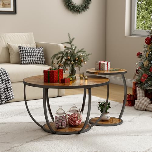 Wumagin Lot de 2 Table Gigogne Ronde, Table Basse Ronde avec Espace de Stockage, Table d'appoint de Canapé Circulaire avec Pieds en Métal pour Salon, Chambre...