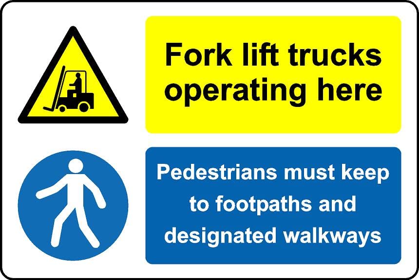 Forklift trucks operating here pedestrians must keep to footpath and walkways Safety sign - 3mm Aluminium sign (600mm x 400mm)