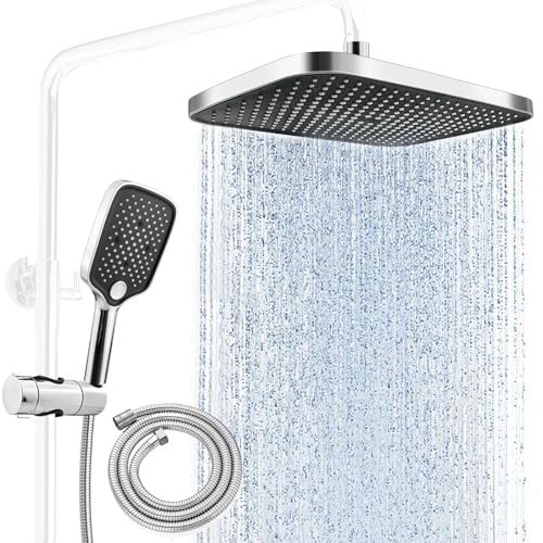 xianzhanEU Colonne de Douche Sans Mitigeur, Ensemble de Douche, Avec 1 Pommeau de Douche à Main Et 1 Tuyau En Acier Inoxydable de 1,5 M, RéGlable Et Facile à Installer