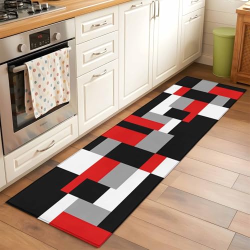 Tapete corredor geométrico rojo negro gris 2x6 ft lavable miniatura 2