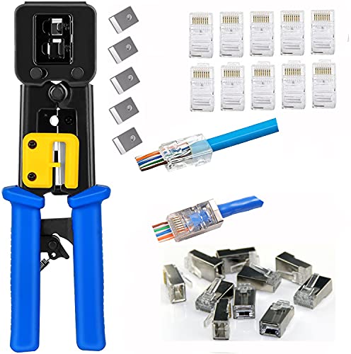 RJ45 Professional Crimp Tool for Pass through and legacy connector with 5Pack 8Pin Blade/ 10Pack Cat6 Pass Through Shielded Connectors/ 10Pack Cat6 Pass Through Connectors RJ45 Professional Crimp Tool for Pass through and legacy connector with 5Pack 8Pin Blade/ 10Pack Cat6 Pass Through Shielded Connectors/ 10Pack Cat6 Pass Through Connectors