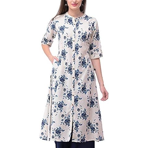 ladyline Women's Cotton Ethnic Printed Tunic Top Front Slit Roll-Up Sleeves Buttons Down Neck Pocket Long Kurti Kurta (White-Blue-38) Cover