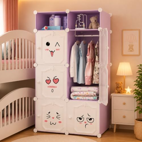 Image of 8 Door Foldable Plastic Wardrobe for Clothes Baby Cupboard for Clothes Storage, Wardrobe for Kids, Plastic Almirah, Collapsible Wardrobe for Living Room (Purple-HB1, 6+2-Door)