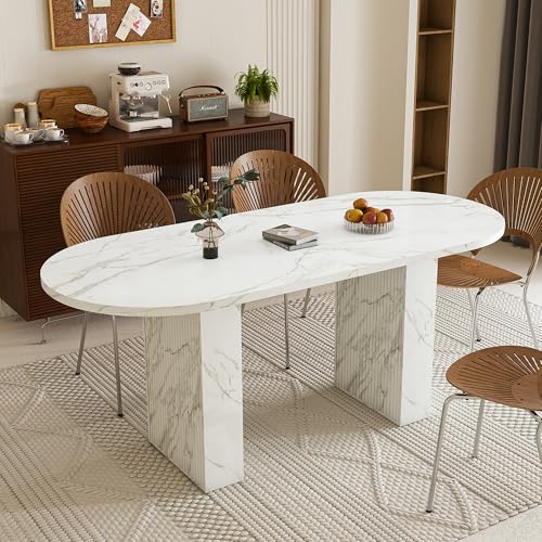Image of 63 Inch Oval Dining Table for 6 to 4 People, White Oval Faux Marble Kitchen Table with Wood Strip Pedestal Base, Modern Dining Room Table for Kitchen Dinning Room Living Room Apartment Small Space