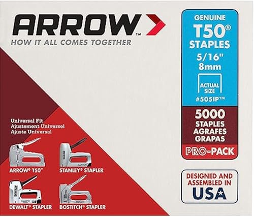 Image of Arrow Fastener 505IP Heavy Duty T50 Staples for Upholstery, Construction, Furniture, Crafts, 3 /8-Inch Crown Size, 5 /16-Inch Leg Length, 5000-Pack, Made in the USA