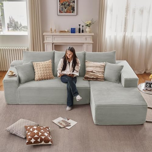 Image of 107 inch Cloud Sectional Couch with L-Shape Chaise, Modern Modular Comfy Sofa Chaise Longue, Upholstered Corduroy Couches Sleeper with Deep Seat for Living Room Bedroom, No Assembly Required, Grey