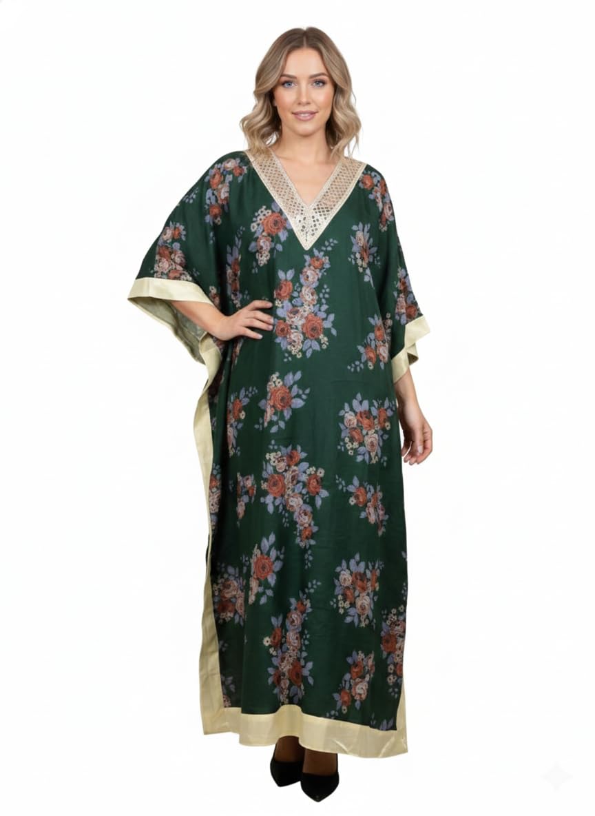 silakaari Floral Emerald Green Georgette Kaftan with Mirror-Work Detailing, Classic Style, Festival Occasion-picture-11