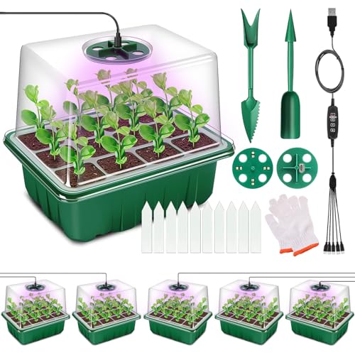 DUOLAM Bandejas Semilleros de Germinacion con Luz de Crecimiento, 5 Piezas Mini Plantas Bandeja de Plántulas con Controlador y Brillo Ajustable Luz de Solar, Brotado Cultivo Caja de Invernadero