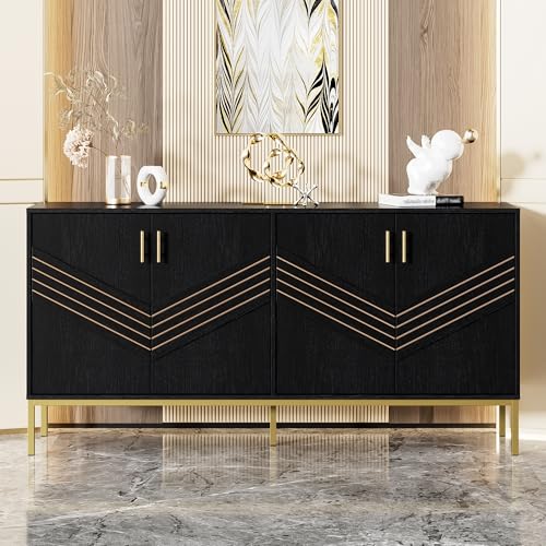 BENMWS Aparador moderno, diseño de 4 puertas, cuerpo de MDF con patas de metal, gran capacidad, estantes ajustables en altura, para salón, comedor, pasillo, 80 x 160 cm (negro y dorado)