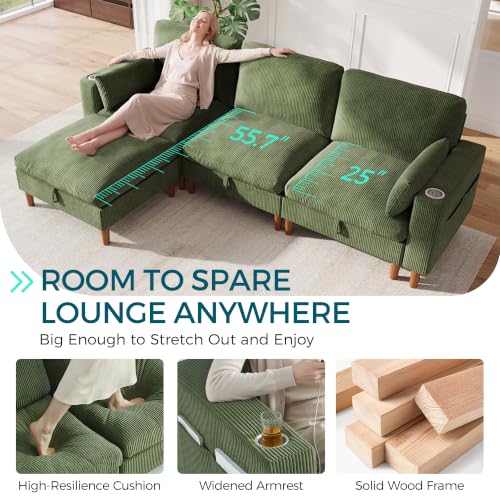 Image of LINSY HOME 110 inch Modular Sectional Sofa with Storage, 3-Seat Cloud Couch with 1 Movable Ottoman & 2 Pillows, Corduroy Deep Seat Sectional Couches for Living Room /Office /Bedroom, Green