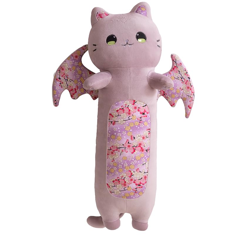 Image of Long Purple Bat Cat Stuffed Body Pillow Fluffy Plush Kitten with Wings Super Soft Bat Kitty Plushie Cushion Decor /23.6''