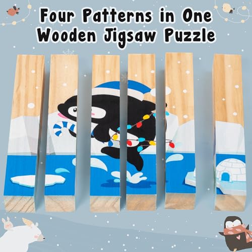 Image of CJiangpo Wooden Winter Chunky Puzzles - 4 in 1 Polar Animals Puzzle Blocks Sensory Toys for Toddlers 2+ Years, Educational and Fun Building Block Stacking Winter Educational Toy Game for Boy Girl