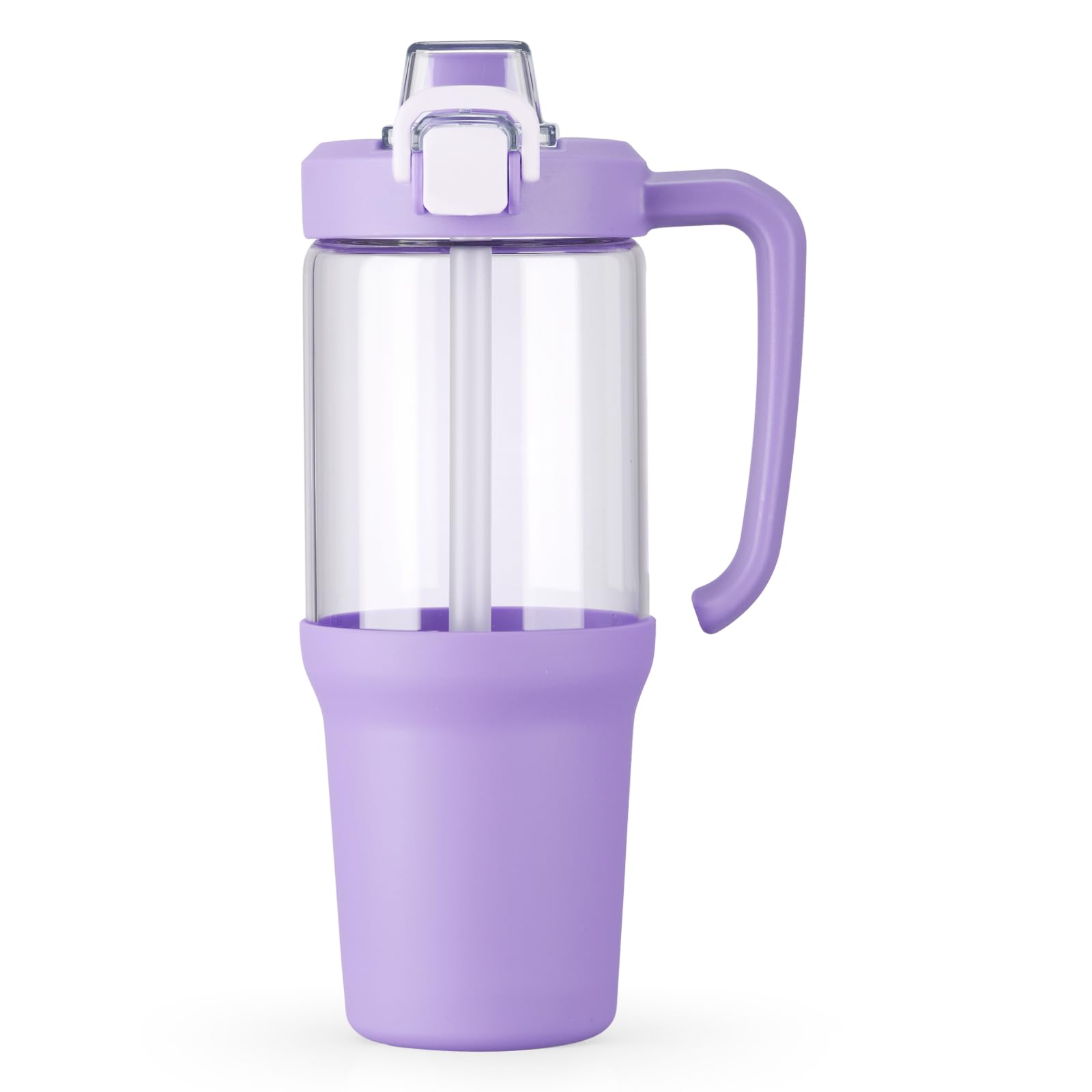 BLUEGO 1 Liter Wasserflasche mit Strohhalm und Griff, Becher aus Borosilikatglas mit Silikonhülle, Eiskaffeetasse für Smoothies, Auslaufsicher, BPA-frei, Violett