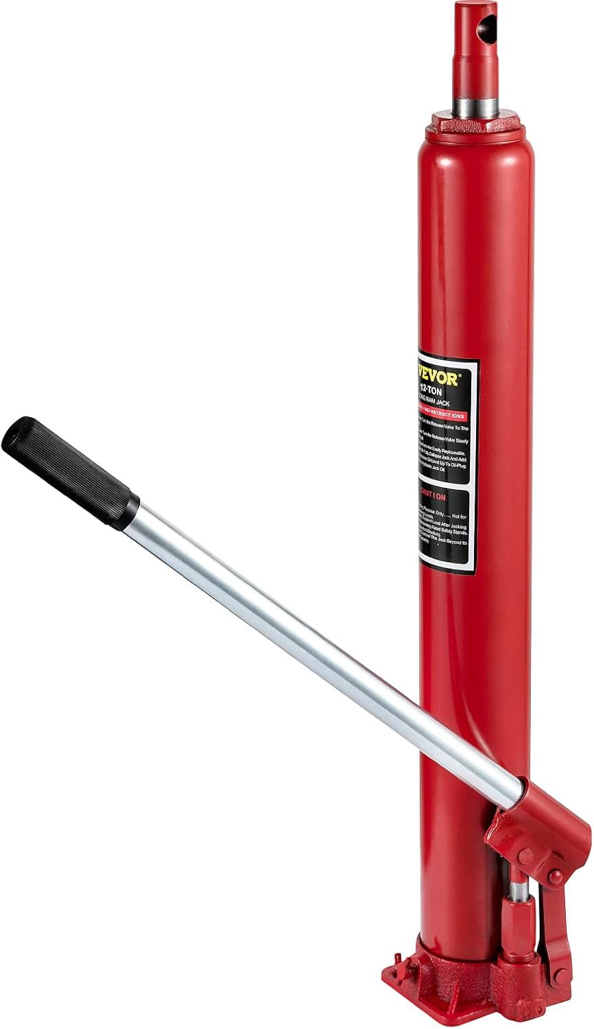 VEVOR Hydraulic Long Ram Jack, 12 Tons/26455 lbs Capacity, with Single Piston Pump and Flat Base, Manual Cherry Picker w/Handle, for Garage/Shop Cranes, Engine Lift Hoist, Red Red 12 Ton