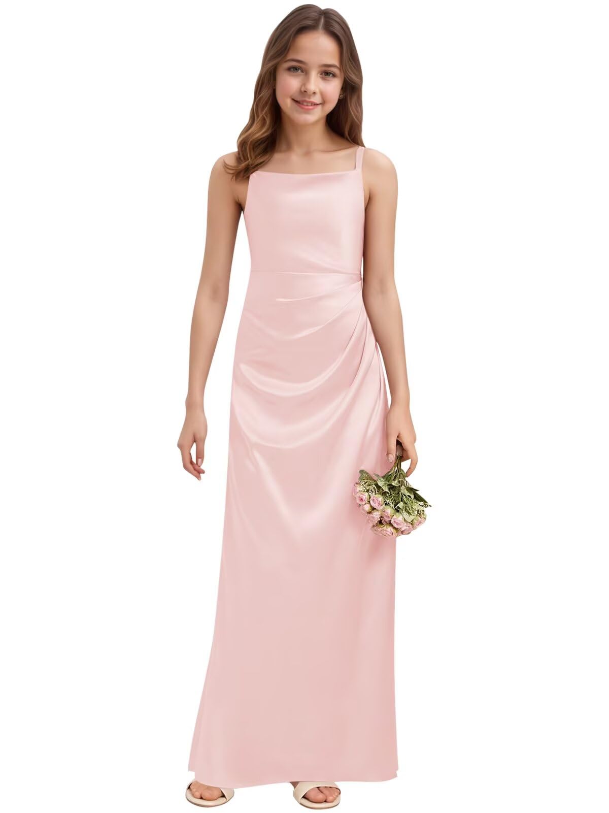 Silk Satin Junior Bridesmaid Dresses for Wedding A-Line Straps Pleated Sleeveless Long Flower Girl Dress
