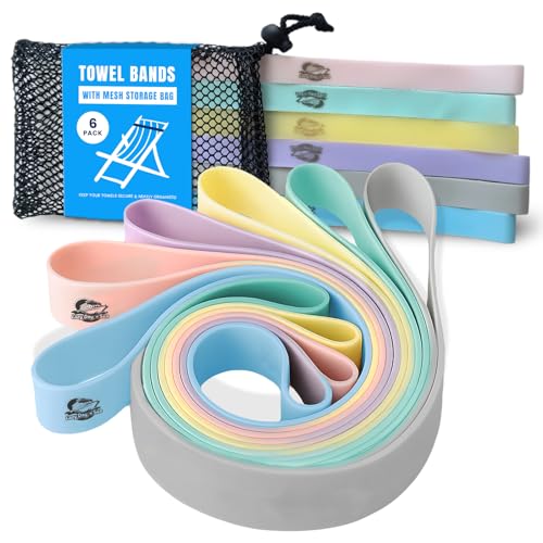 Image of Towel Bands (6-Pack) for Beach & Pool Chairs - Extra Durable, No Snapping, Soft Pastel Colors, Holds Towels Secure on Outdoor & Cruise Lounge Chairs. Includes Storage Bag
