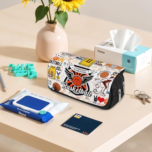 Image of Basketball Pencil Case for Boys & Girls - Sports Themed Pouch with Hoop & Ball Design, Large Capacity Zippered Pen Bag, Flip Top School Supplies for Students, Back to School Stationery Organizer