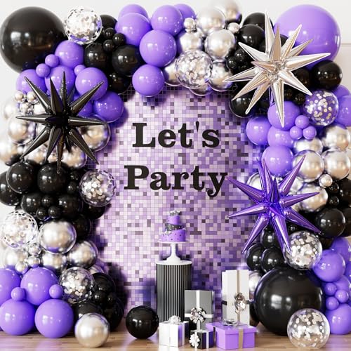 Adeyoo Purple and Black Balloon Garland Arch Kit 116Pcs Purple Black Silver Balloons with Confetti Balloons & 3D Star Balloon Gothic Night Birthday Decorations Bachelorette Graduation Party