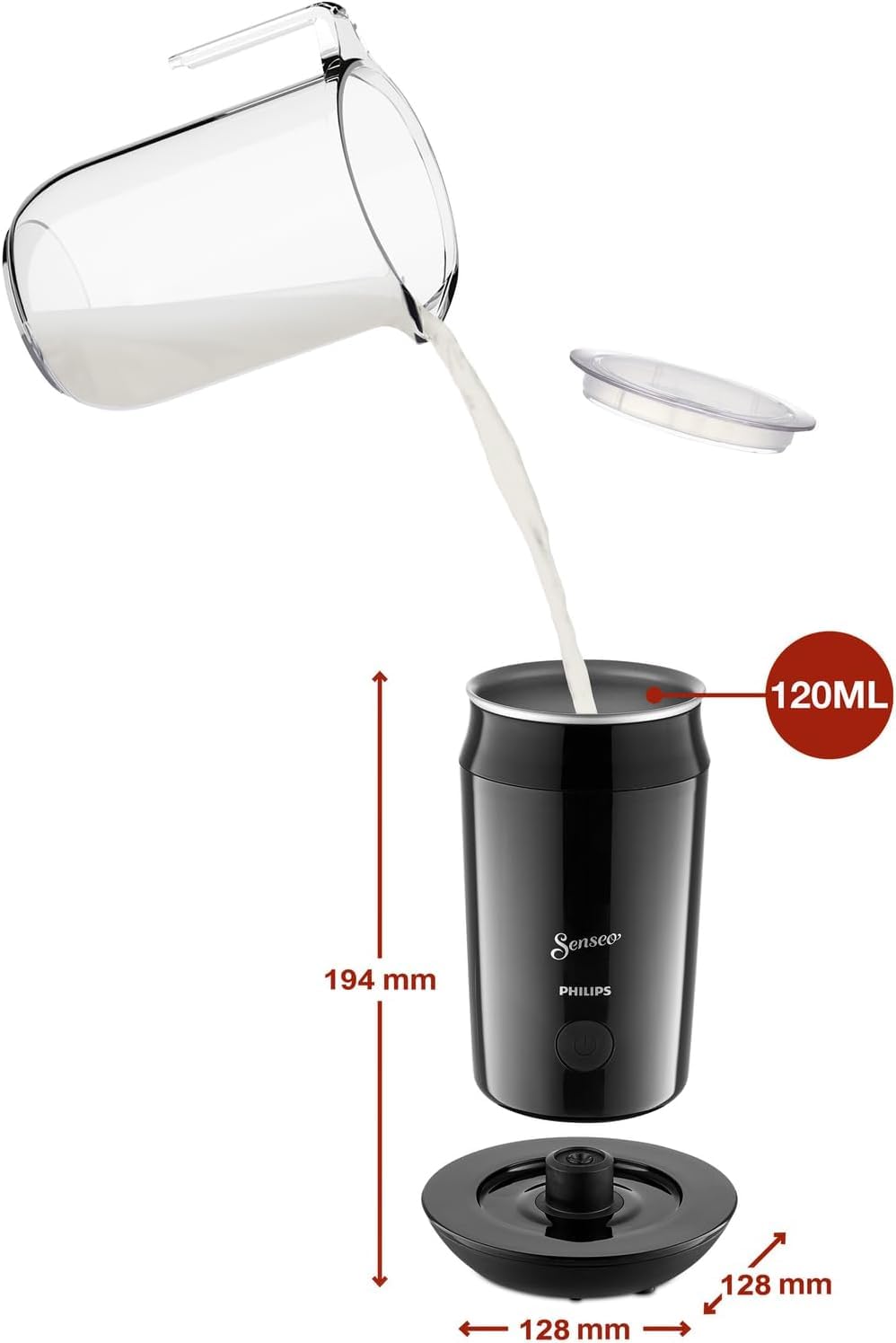 Philips Senseo Espumador de Leche Eléctrico, 2 Capuchinos, Negro | Espuma caliente o fría – 2 capuchinos, batidor magnético, base giratoria 360°, antiadherente (CA6500/60)