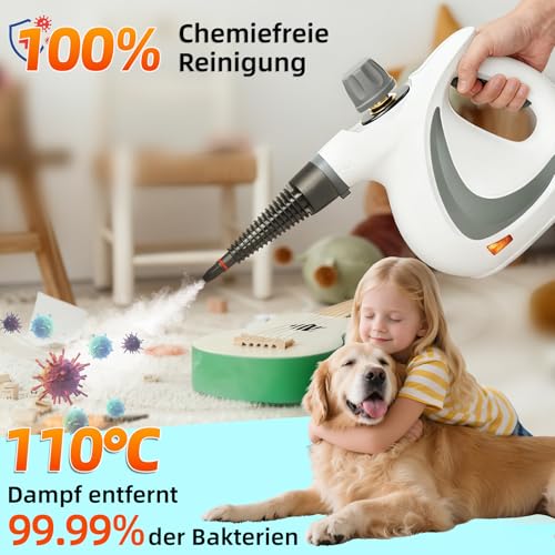Dampfreiniger, Handdampfreiniger für das Haus Mehrzweck mit 12-teiligem Zubehör, 3 Bar Dampfdruck 350ML 1300W chemikalienfreier Dampfreiniger, Reinigung von Küche, Böden, Fliesen, Sofas(Weiß)