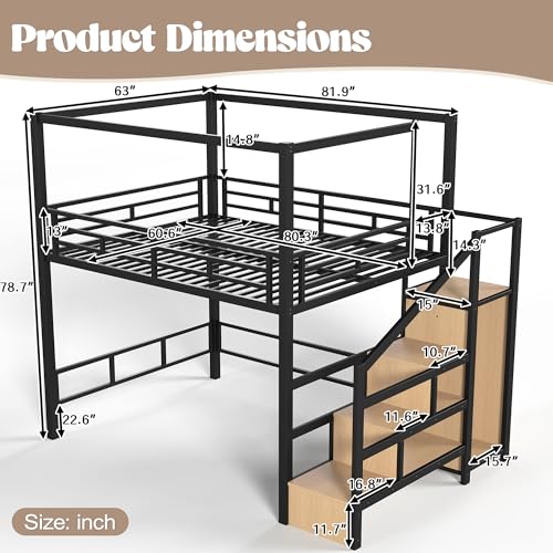 Image of Bellemave Queen loft Bed with Storage Stairs, Wardrobe, LED,Canopy Support Pole, Metal Loft Bed Frame for Adults, Kids, Teens, Canopy can be Disassembled, Black+Natural Wood