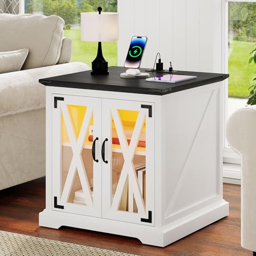DWVO Farmhouse End Table, Sofa Side Coffee Table with Charging Station and LED Lights, Nightstand with Adjustable Storage Shelf, Bedside Table for Living Room, Bedroom, White