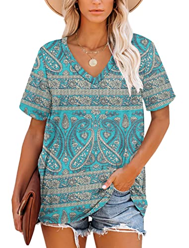 MOLERANI Tops for Women UK Summer Short Sleeve Tops V Neck for Ladies (Boho Floral Green,M)