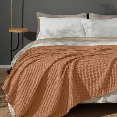 Image of PHF Pre-Washed Cotton Waffle Weave Blanket King Size for Bed, Snag Proof Throw Blanket for Couch Spring Summer Lightweight Breathable,Oeko-TEX Certified,Machine Washable,Home Decor Gift-Cinnamon Brown