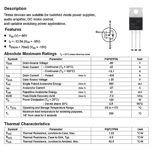 Image of FQP27P06 MOSFET Transistors 27A 60V 27P06 P-Channel Power Mosfets Transistor 27 Amp 60 Volt TO-220 (Pack of 10pcs)