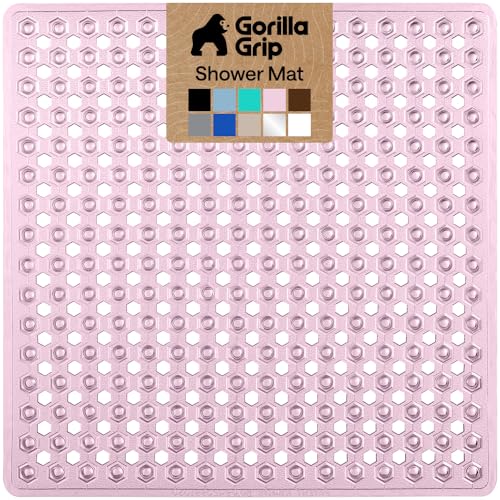 Image of GORILLA GRIP Patented Square Shower Stall Mat, Small Bathtub Floor Mats for Stand Up Showers, Suction Cups and Drainage Holes, Machine Wash, Soft on Feet, Bathroom Accessories 21x21 Inch, Light Pink
